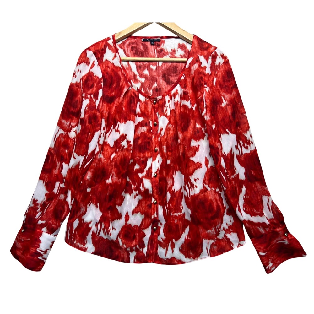 Anne Klein RETRO Red Floral‎ Blouse Button Down Long Sleeve Size M Sheer Career